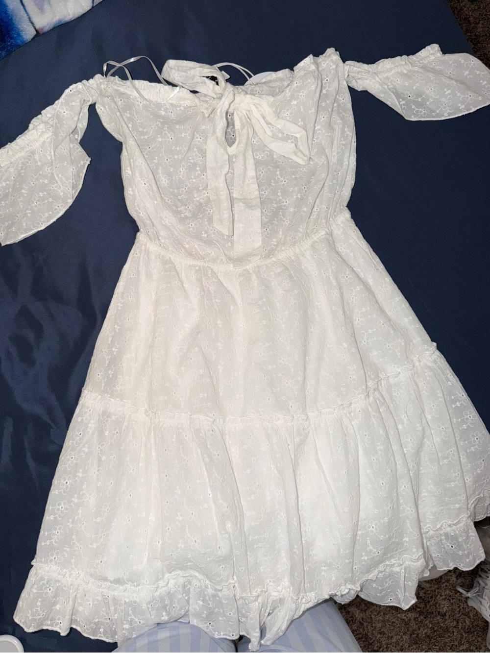 Princess Polly White Off-The-Shoulder Eyelet Mini Dress